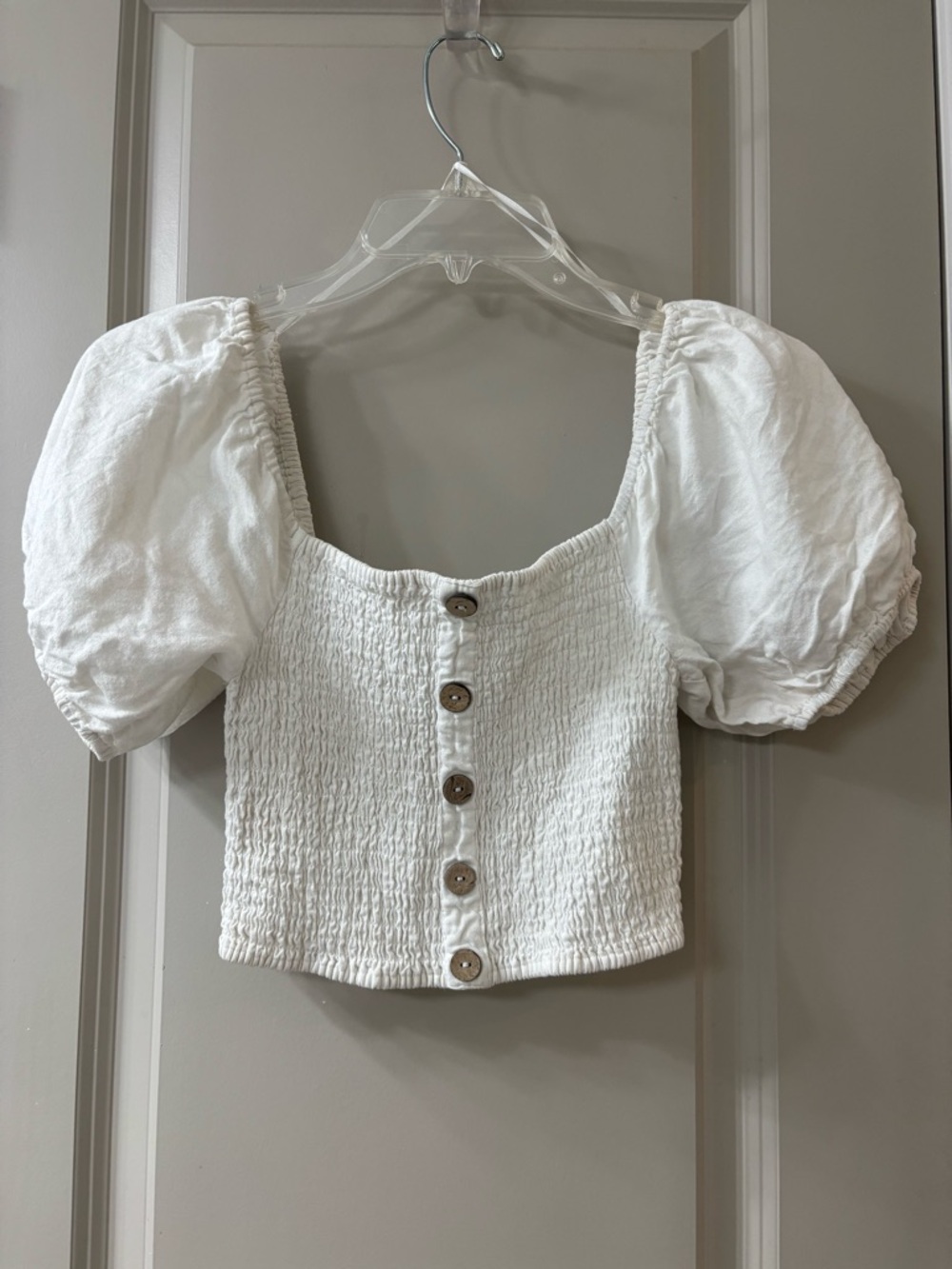 Papaya White Smocked Button Puff-Sleeve Crop Top